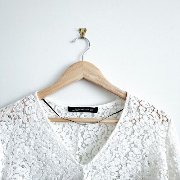 Zara Woman White Lace Bell Sleeve Top Blouse Sheer Size M Hippie Boho - Picture 4 of 10